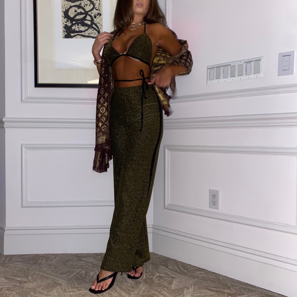 Gold bell bottoms and bralette